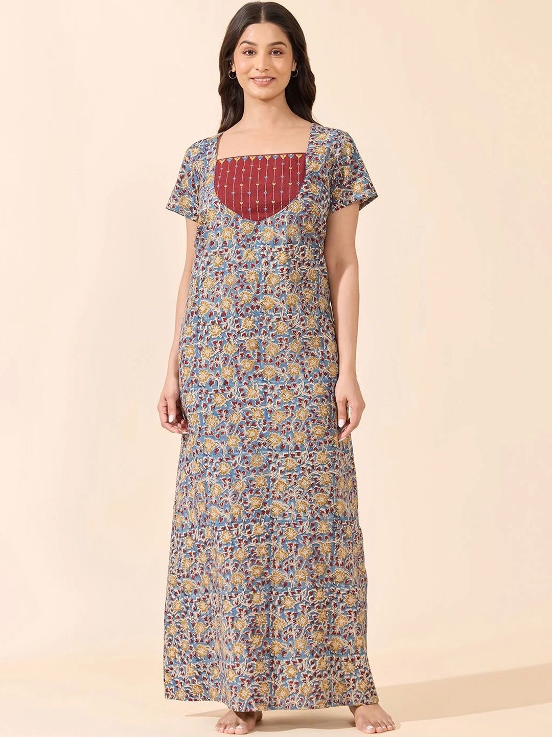 Maybell Women Blue Kalamkari Printed Cotton Short Sleeve Square Neck Night Dress-picture-48