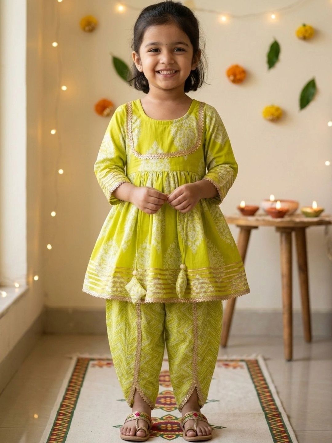 chirpytroops Girls Ethnic Motifs Printed Empire Gotta Patti Pure Cotton Kurti with Dhoti Pants-picture-49