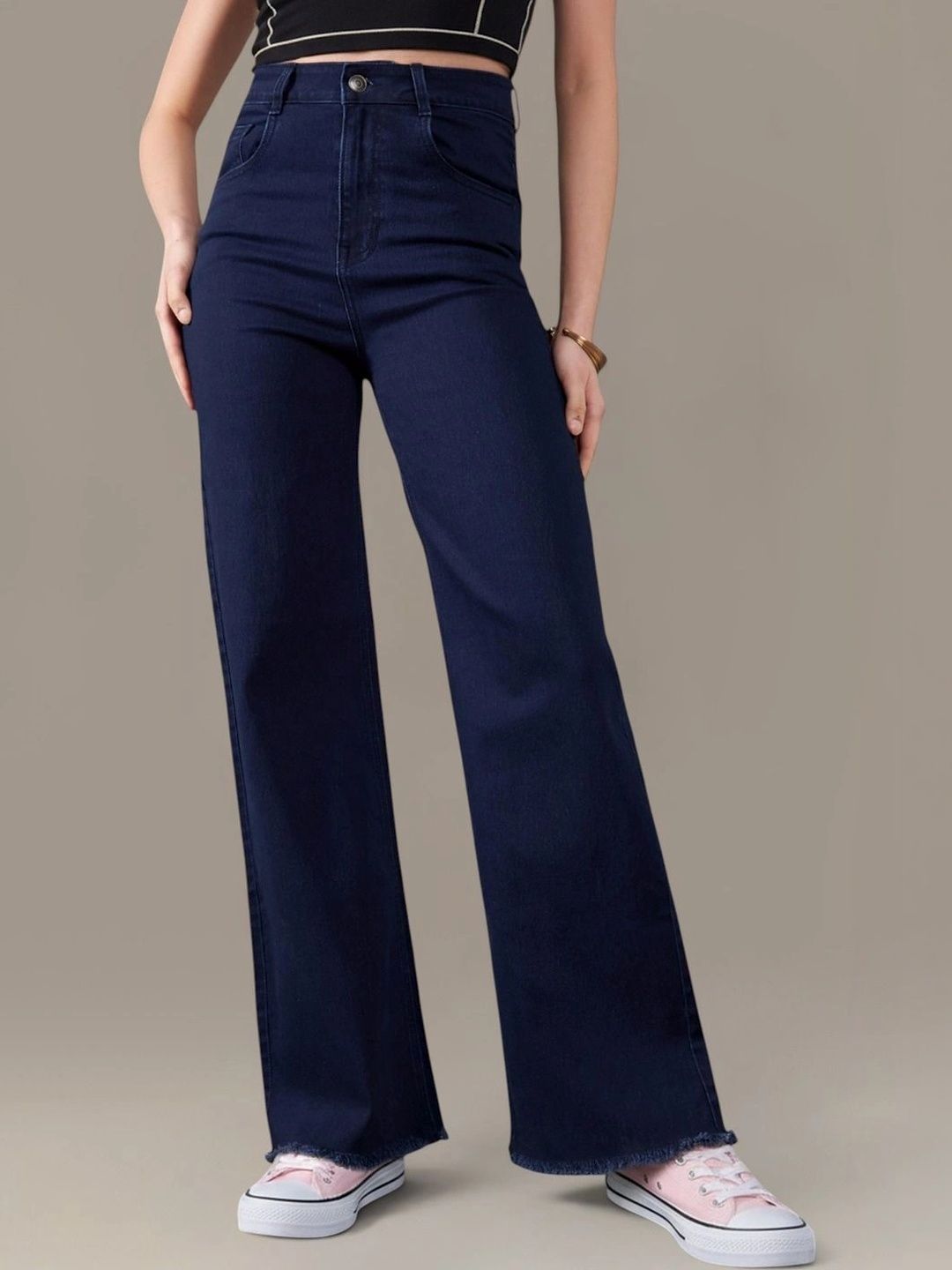 DOLCE CRUDO Women Wide Leg High-Rise Low Distress Cuffed Hem Stretchable Jeans-picture-29