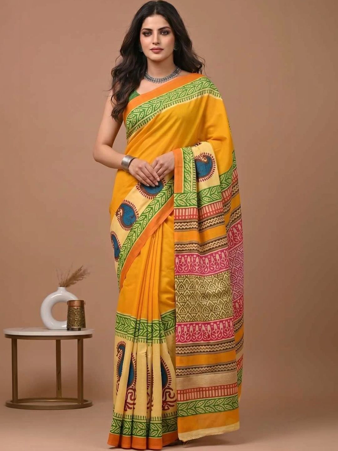 House of Pataudi Paisley Pure Cotton Fusion Saree-picture-41
