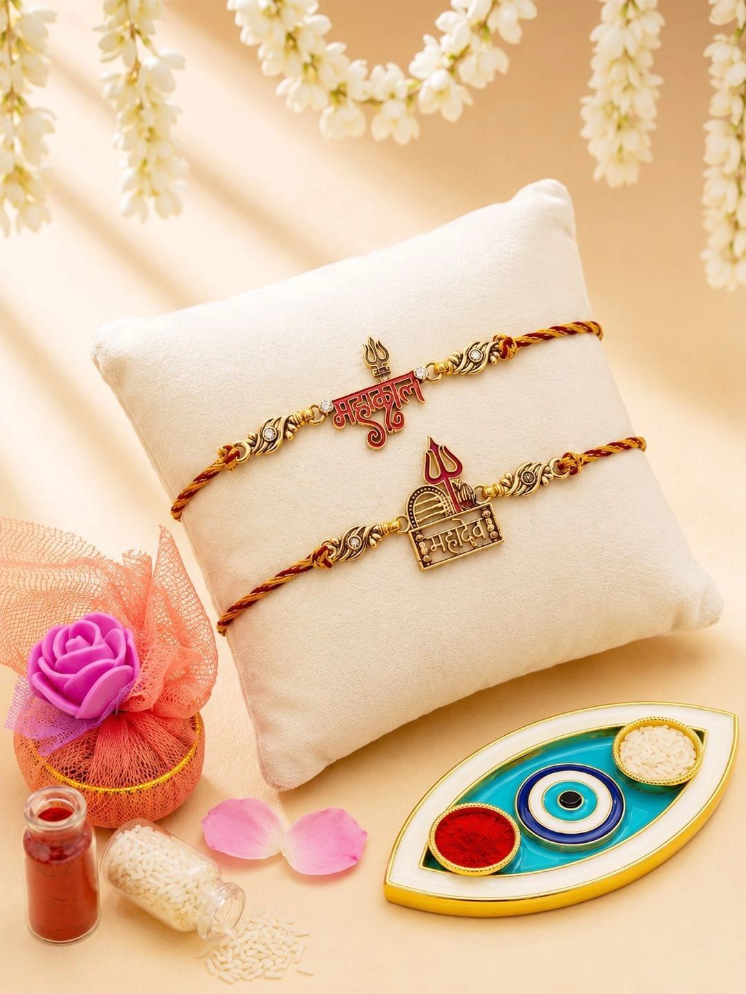 ADIVA Set of 2 Mahadev Thread Rakhi's with Roli Chawal and Evil Eye Plate Tokri Gift Set-picture-19