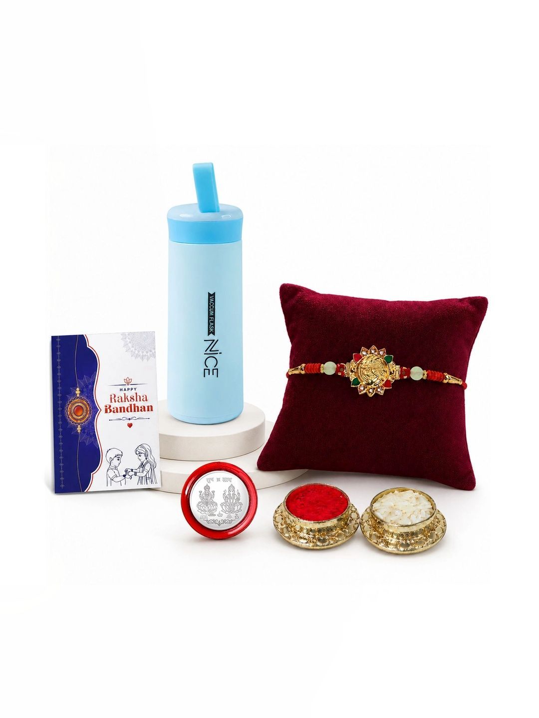 Myntra Elegant Homes Rakhi With Greeting Card Water Bottle Silver Coin & Roli Chawal-picture-51