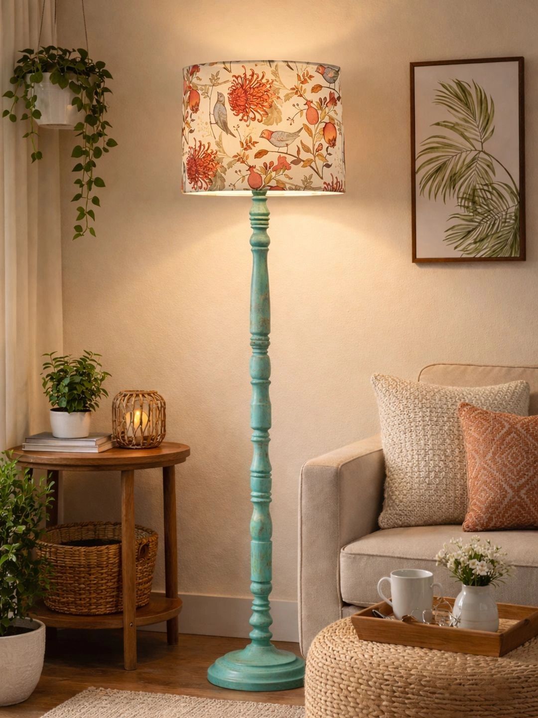 Decorcity Beige & Turquoise Blue Floral Printed Wooden Floor Lamps-picture-32