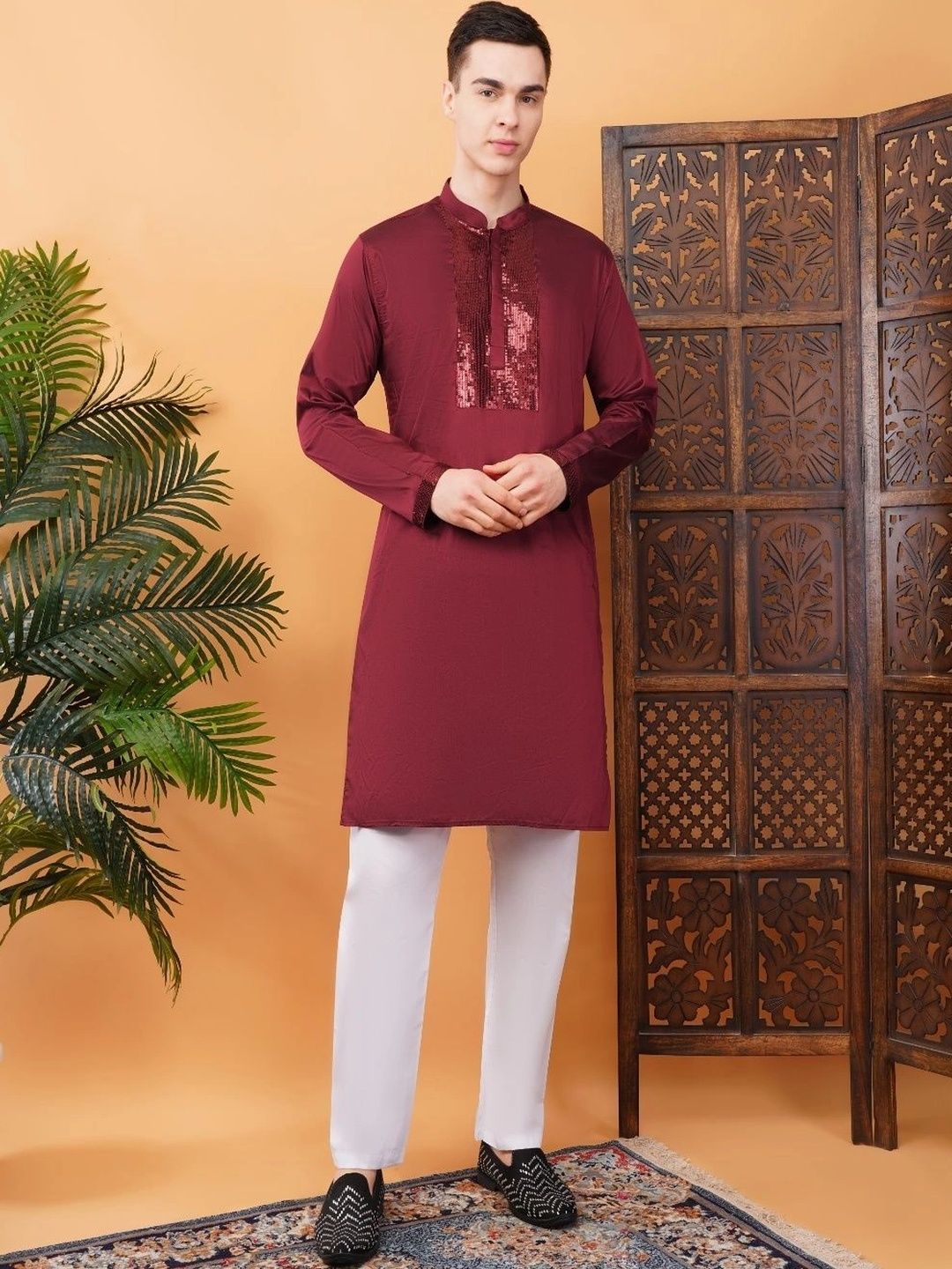 ADHIRAJAN Men Regular Sequinned Kurta with Pyjamas-picture-3