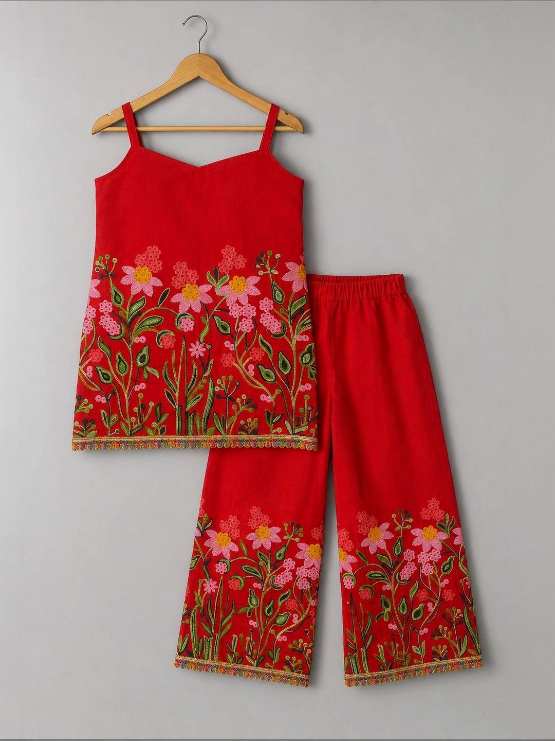 Sangria Girls Floral Embroidered Regular Thread Work Kurta with Palazzos-picture-10