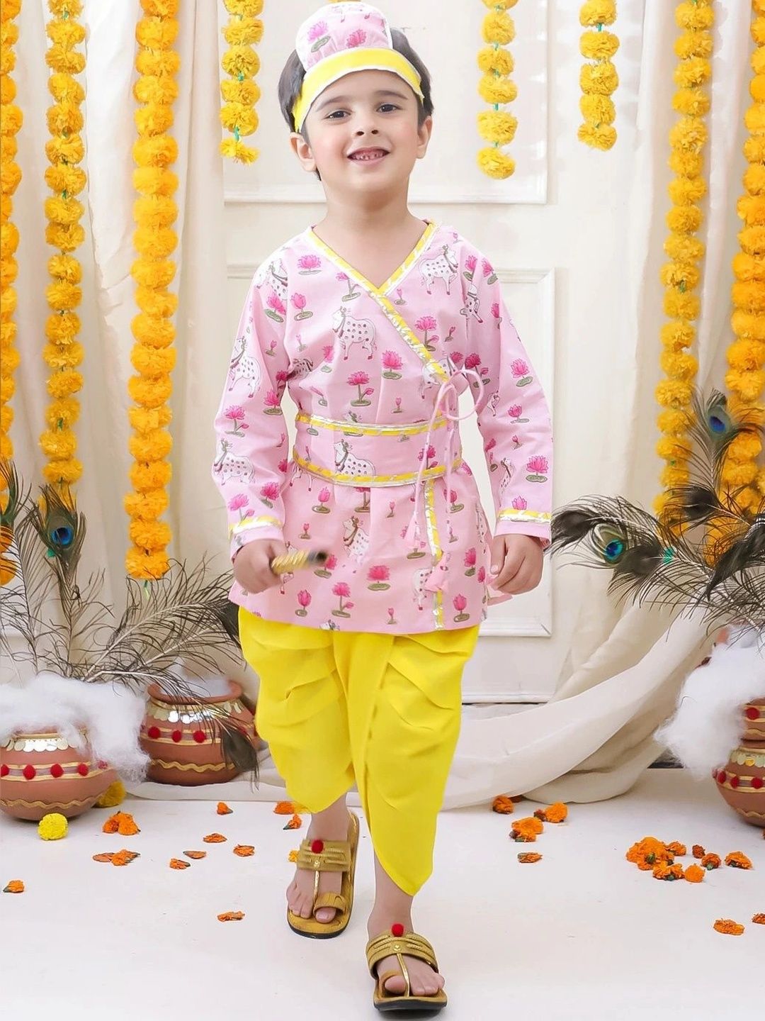 BownBee Boys Ethnic Motifs Printed Angrakha Pure Cotton Kurta with Dhoti Pants-picture-34
