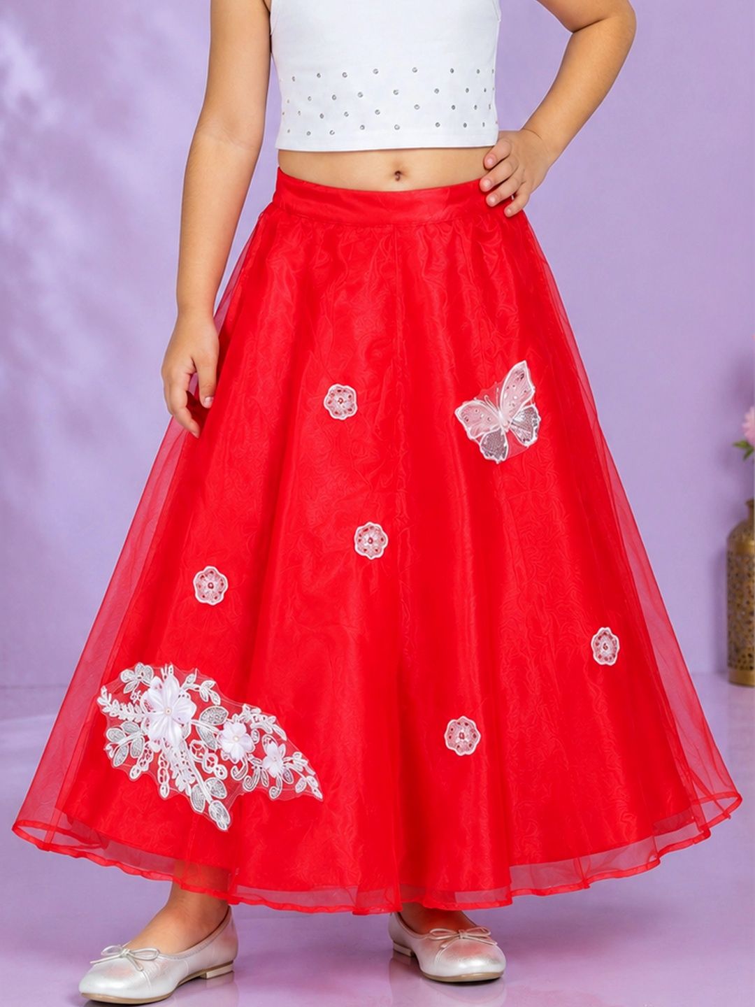 KiddoPanti Girls Georgette Embellished Frills Bows and Ruffles Maxi A-Line Skirt-picture-51