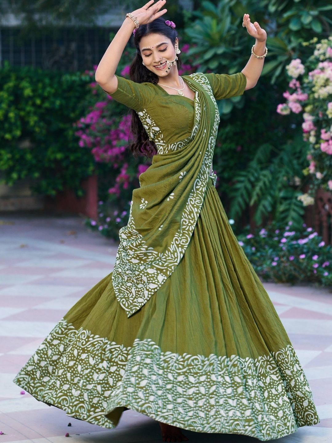 LOOKNBOOK ART Printed Batik Ready to Wear Lehenga & Unstitched Blouse With Dupatta-image-47