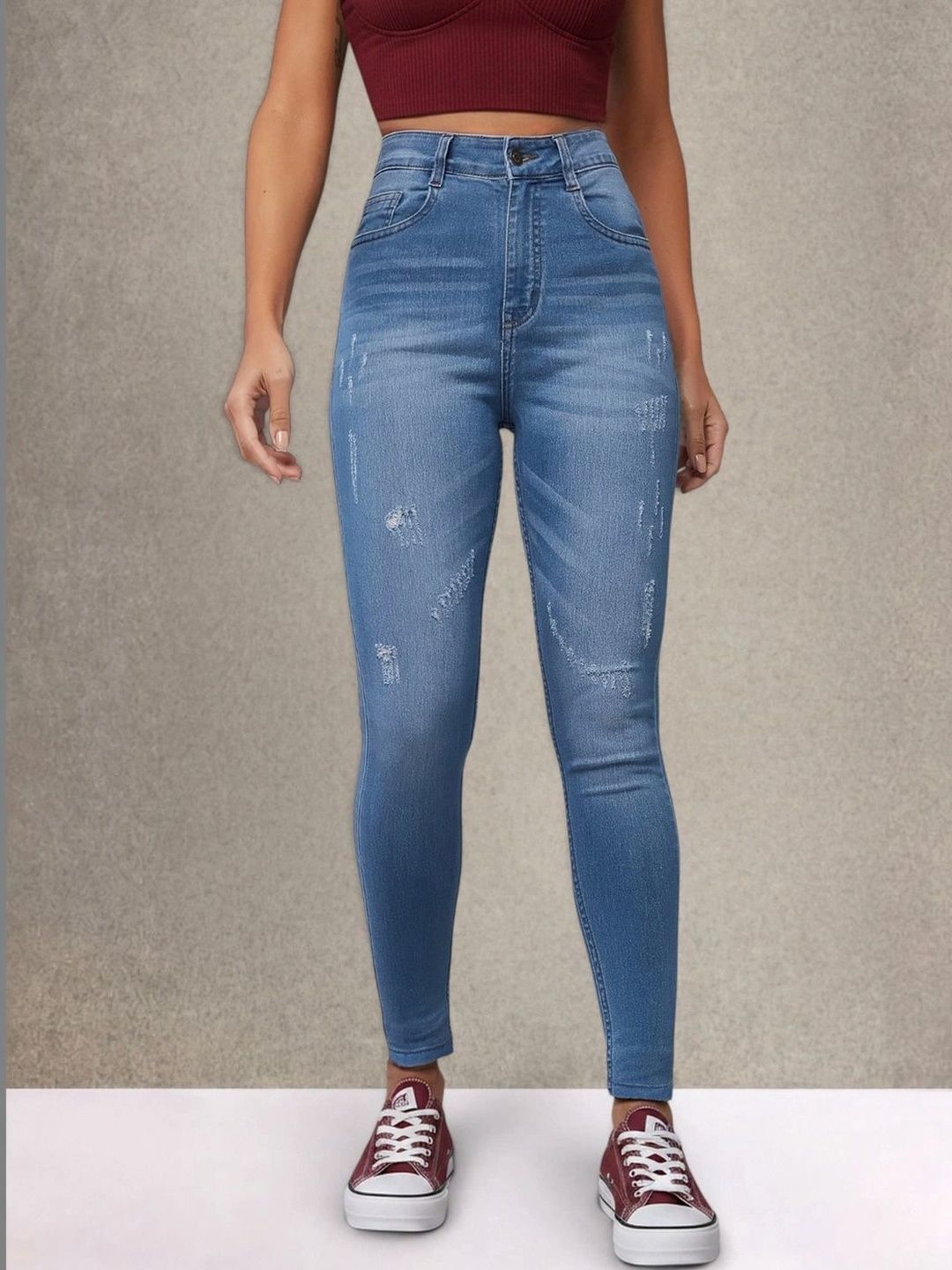 DOLCE CRUDO Women Skinny Fit High-Rise Low Distress Light Fade Stretchable Jeans-picture-22