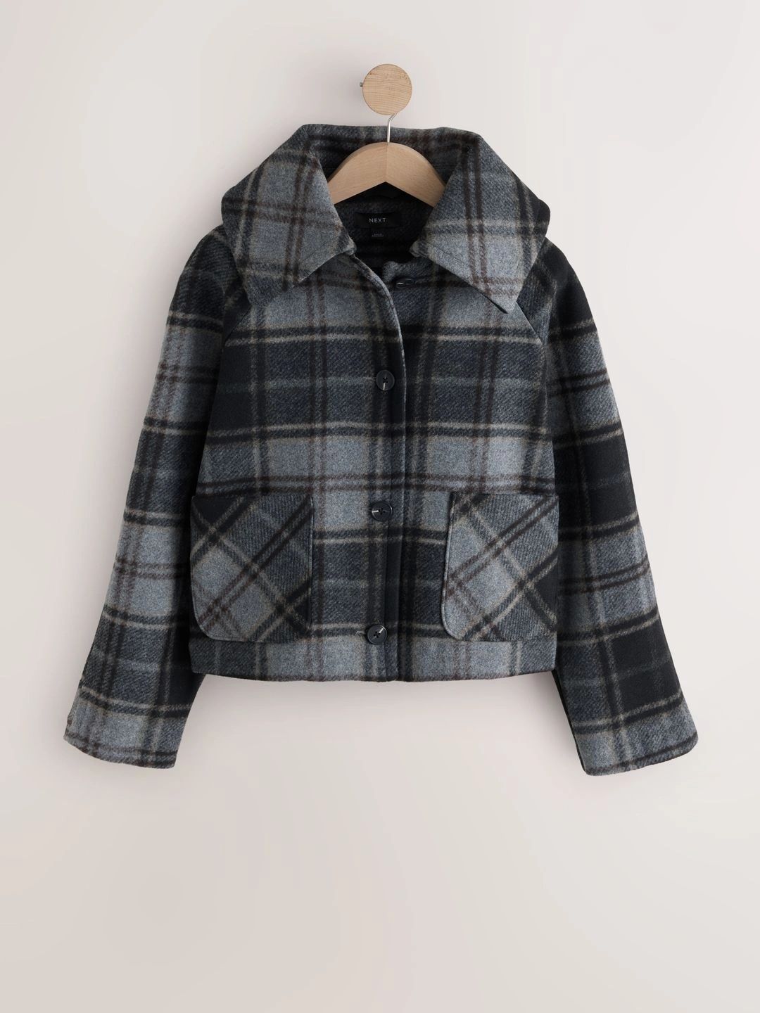 NEXT Checked Spread Collar Hip Length Overcoat-picture-16