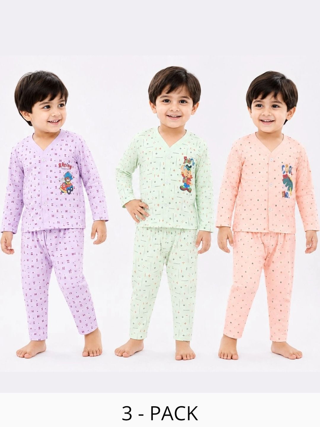 SUNUO Pack Of 3 Printed Pure Cotton Night Suits-picture-13