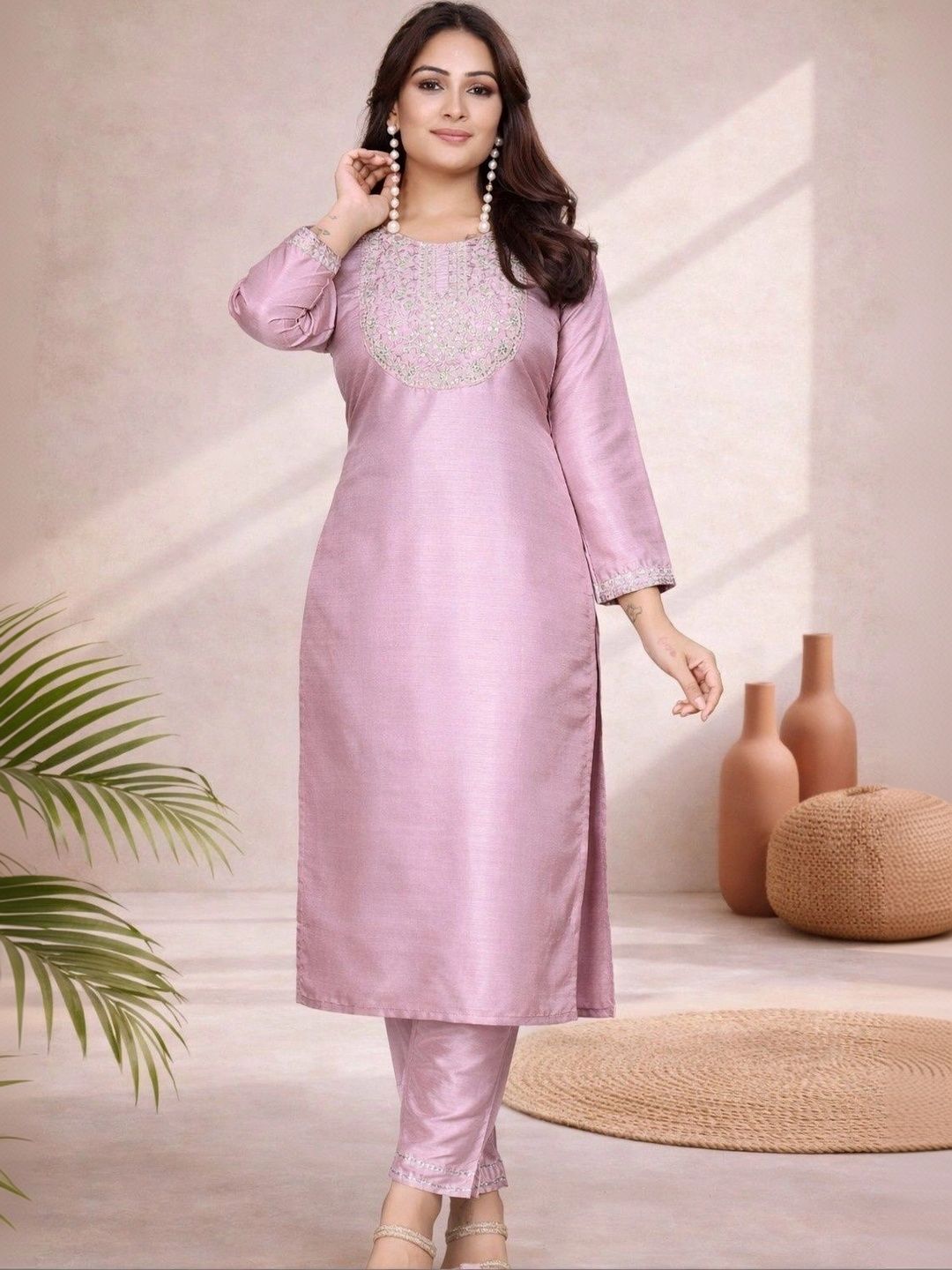 Sangria Floral Embroidered Tunic with Trousers-picture-28