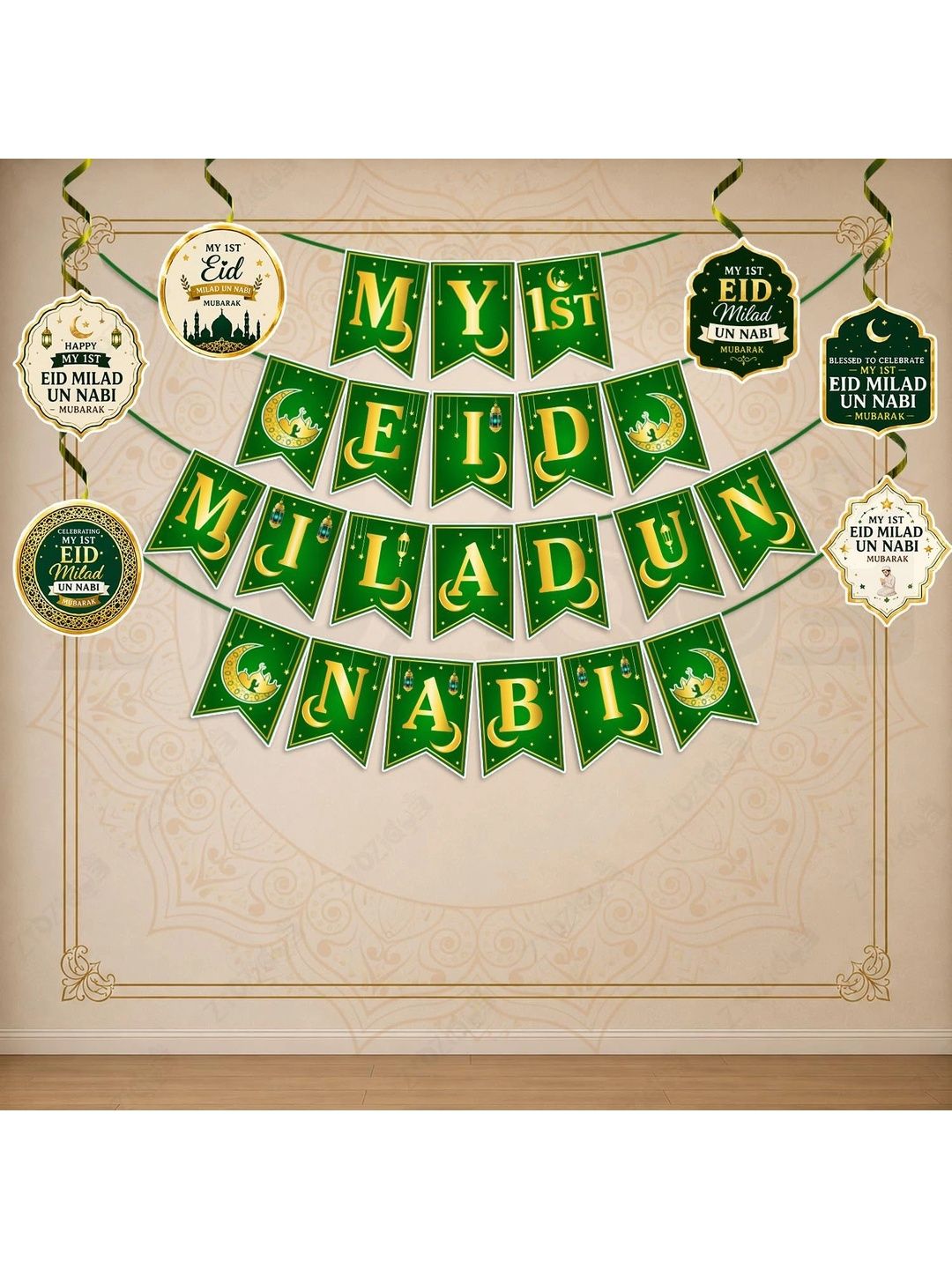 ZYOZI 7-Pcs Green Glossy Reusable Festive Decor - Milad Un Nabi Decorations Kit-picture-31