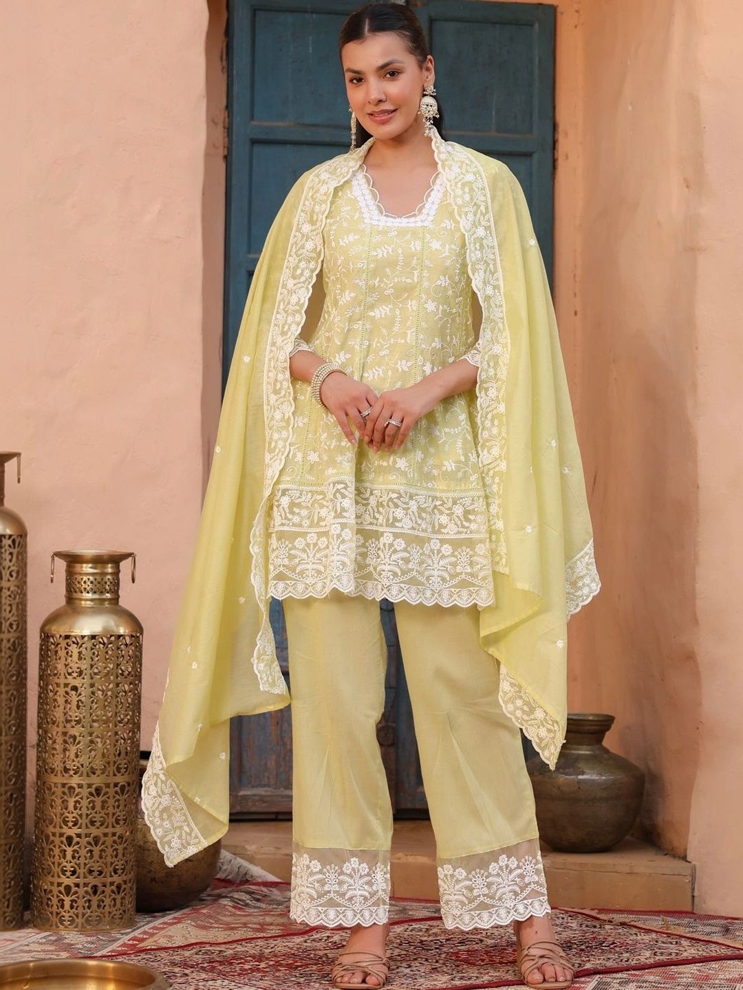 Rain & Rainbow Women Floral Regular Thread Work Kurta with Palazzos & With Dupatta-picture-54