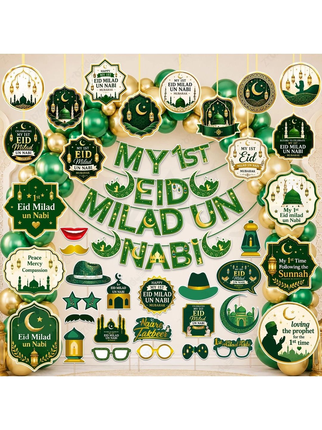ZYOZI 90-Pcs Green Glossy Reusable Festive Decor - Milad Un Nabi Decorations Kit-picture-0
