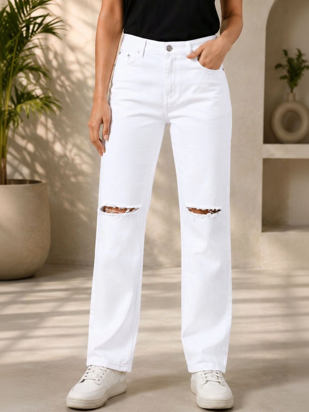 HERE&NOW Women Classic Relaxed Fit Mid-Rise Highly Distressed Stretchable Jeans-picture-47