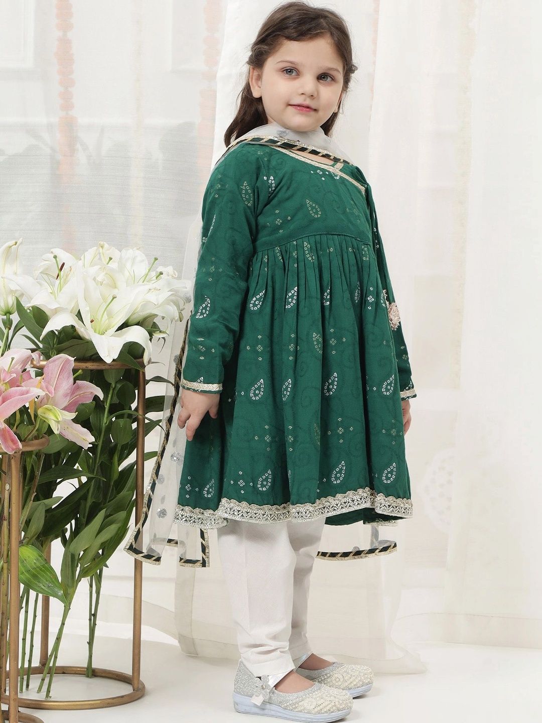Little Bansi Girls Floral Embroidered Angrakha Pure Cotton Kurta with Pyjamas & With Dupatta-picture-22