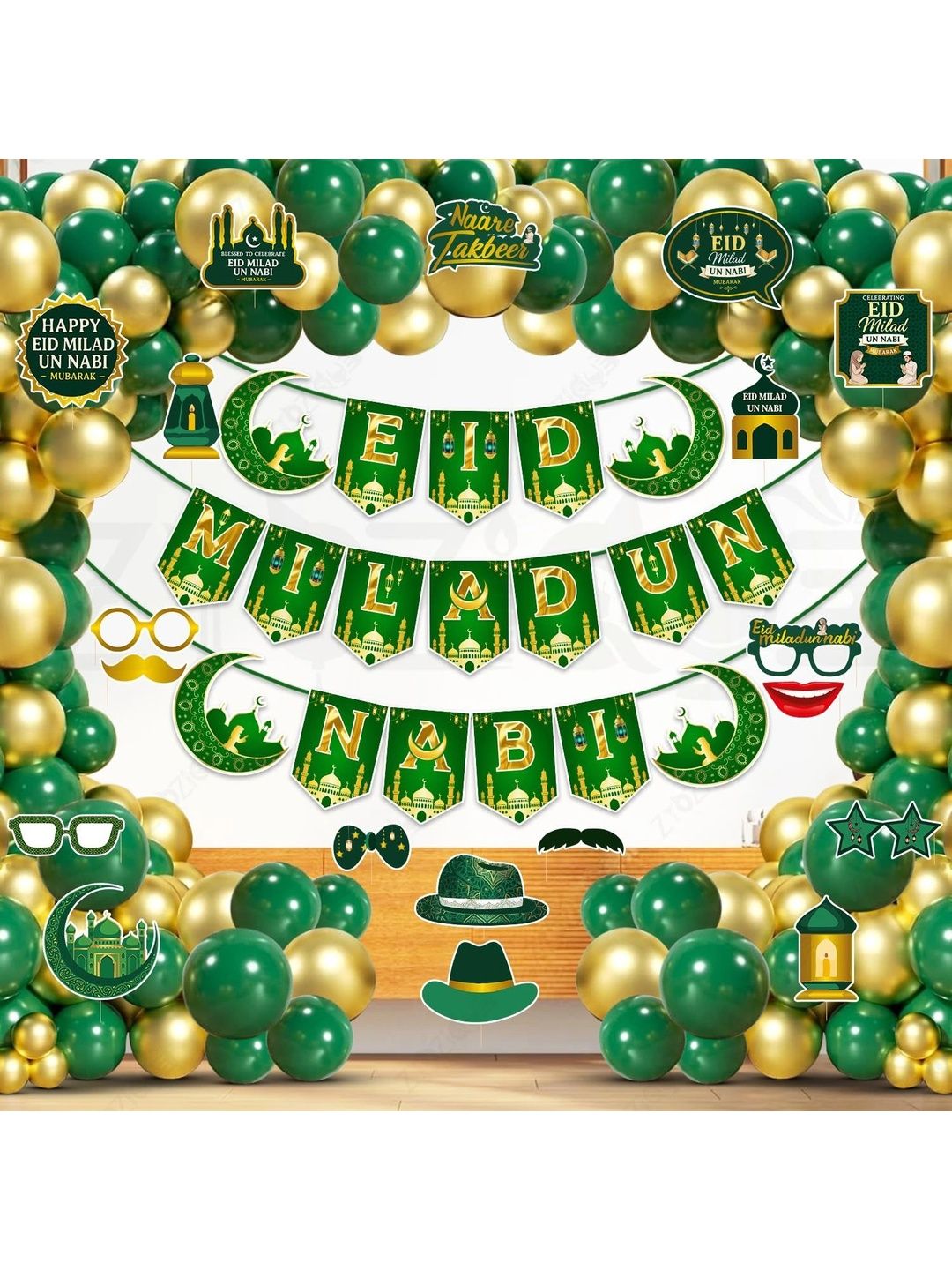 ZYOZI 97-Pcs Green Glossy Reusable Festive Decor - Milad Un Nabi Decorations Kit-picture-14