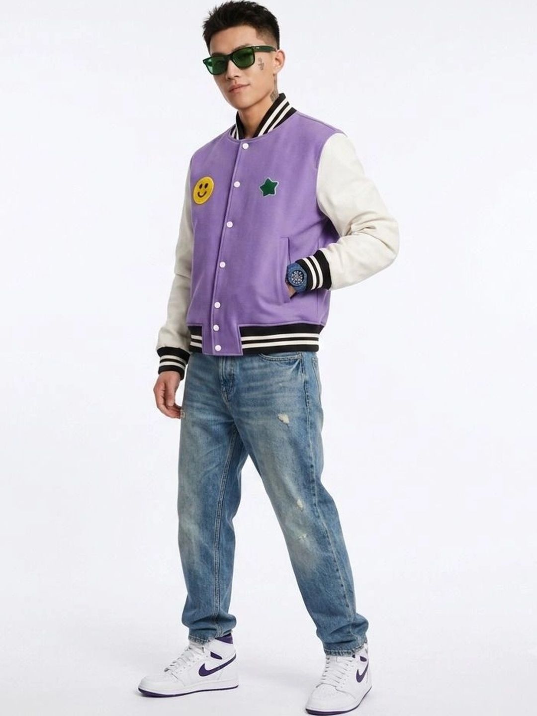 oiin Men Colourblocked Fleece Blend Varsity Jacket with Patchwork-picture-46