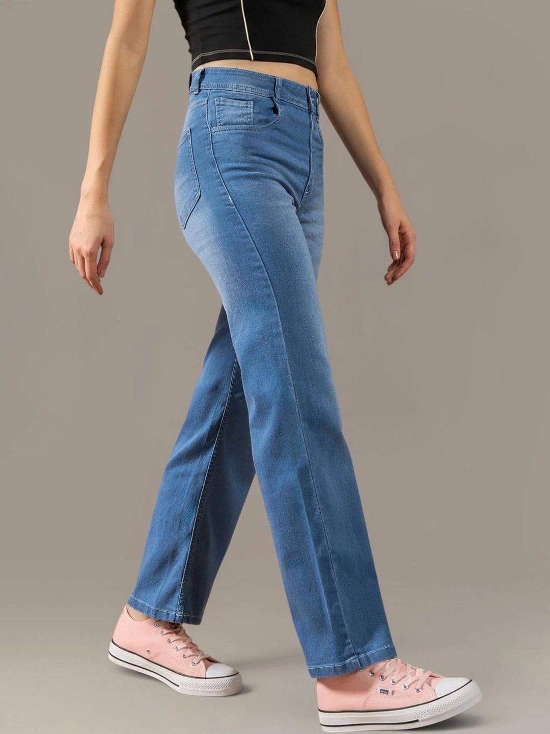 DOLCE CRUDO Women Wide Leg Mid-Rise Light Fade Stretchable Jeans-picture-16
