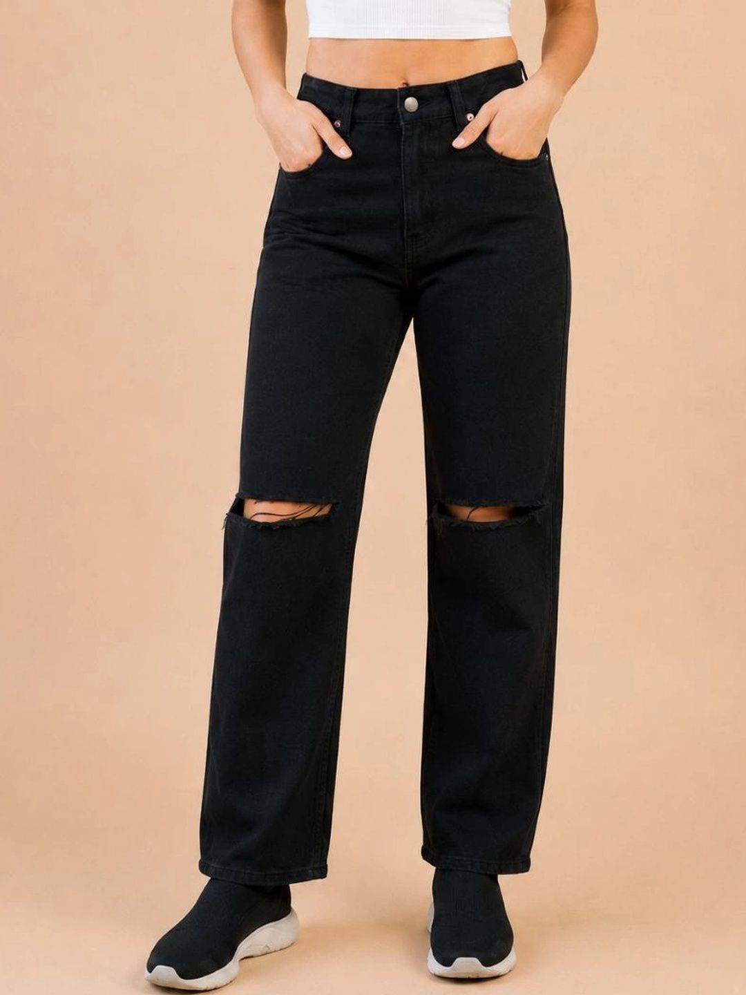 HERE&NOW Women Classic Relaxed Fit Mid-Rise Slash Knee Stretchable Jeans-picture-48