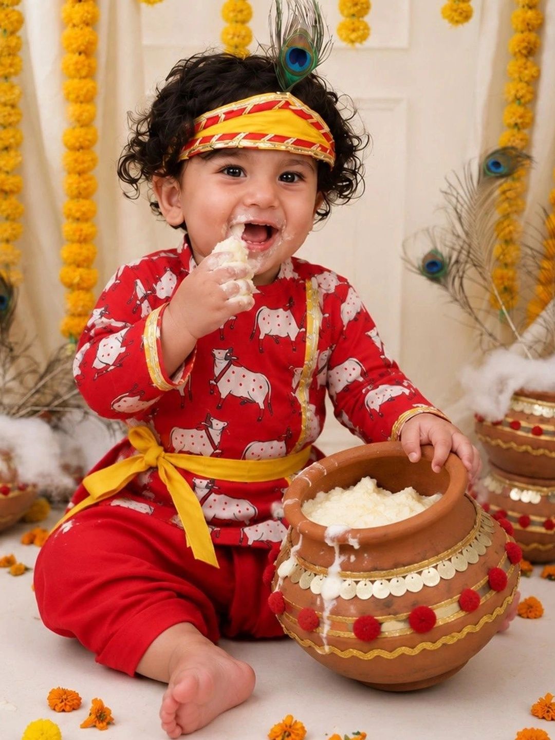 BownBee Boys Ethnic Motifs Printed Angrakha Pure Cotton Kurta with Dhoti Pants-picture-35