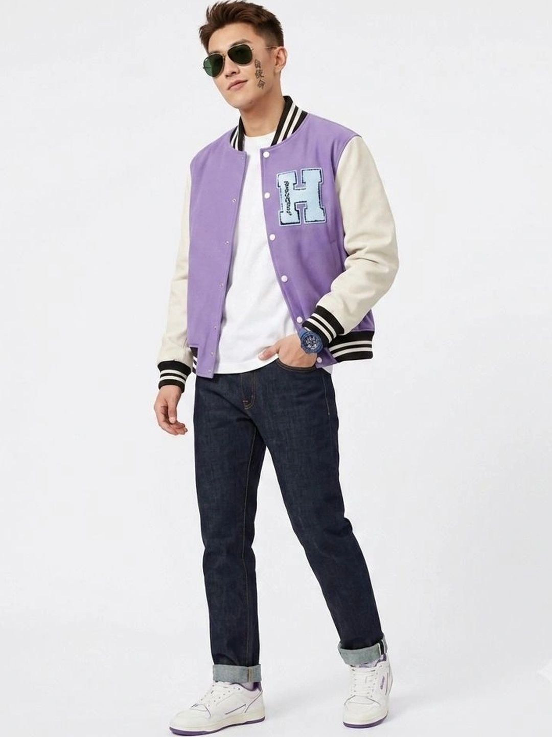 oiin Men Colourblocked Fleece Blend Varsity Jacket-picture-56