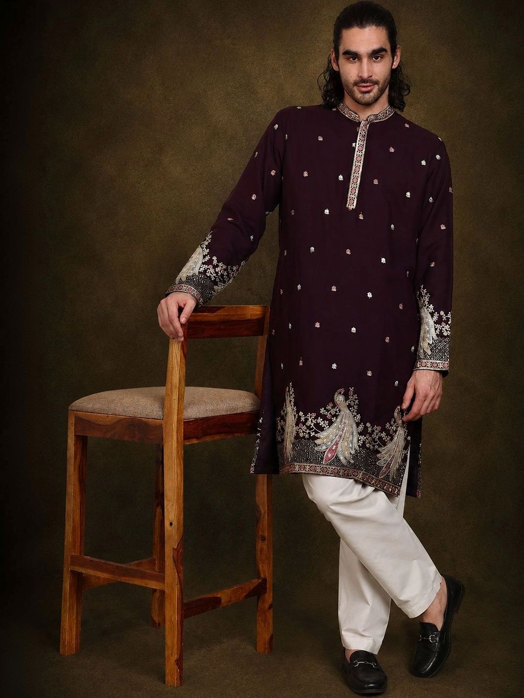 HERE&NOW Men Ethnic Motifs Embroidered Regular Thread Work Kurta with Trousers-picture-53