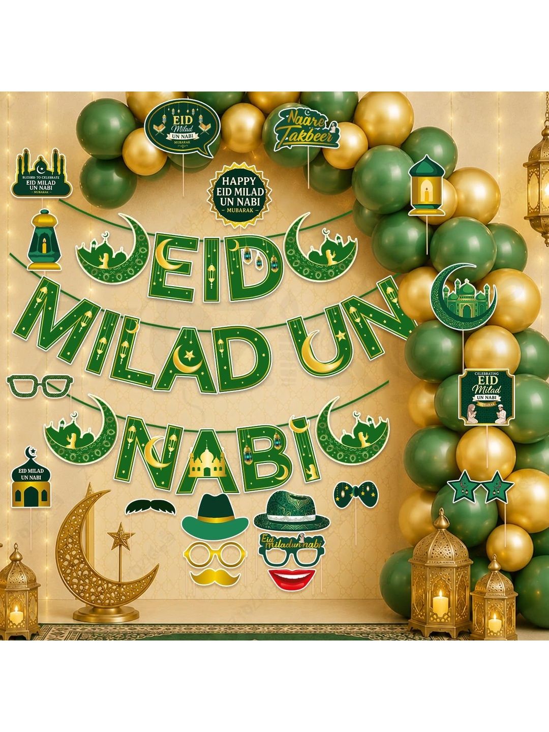 ZYOZI 72-Pcs Green Glossy Reusable Festive Decor - Milad Un Nabi Decorations Kit-picture-35