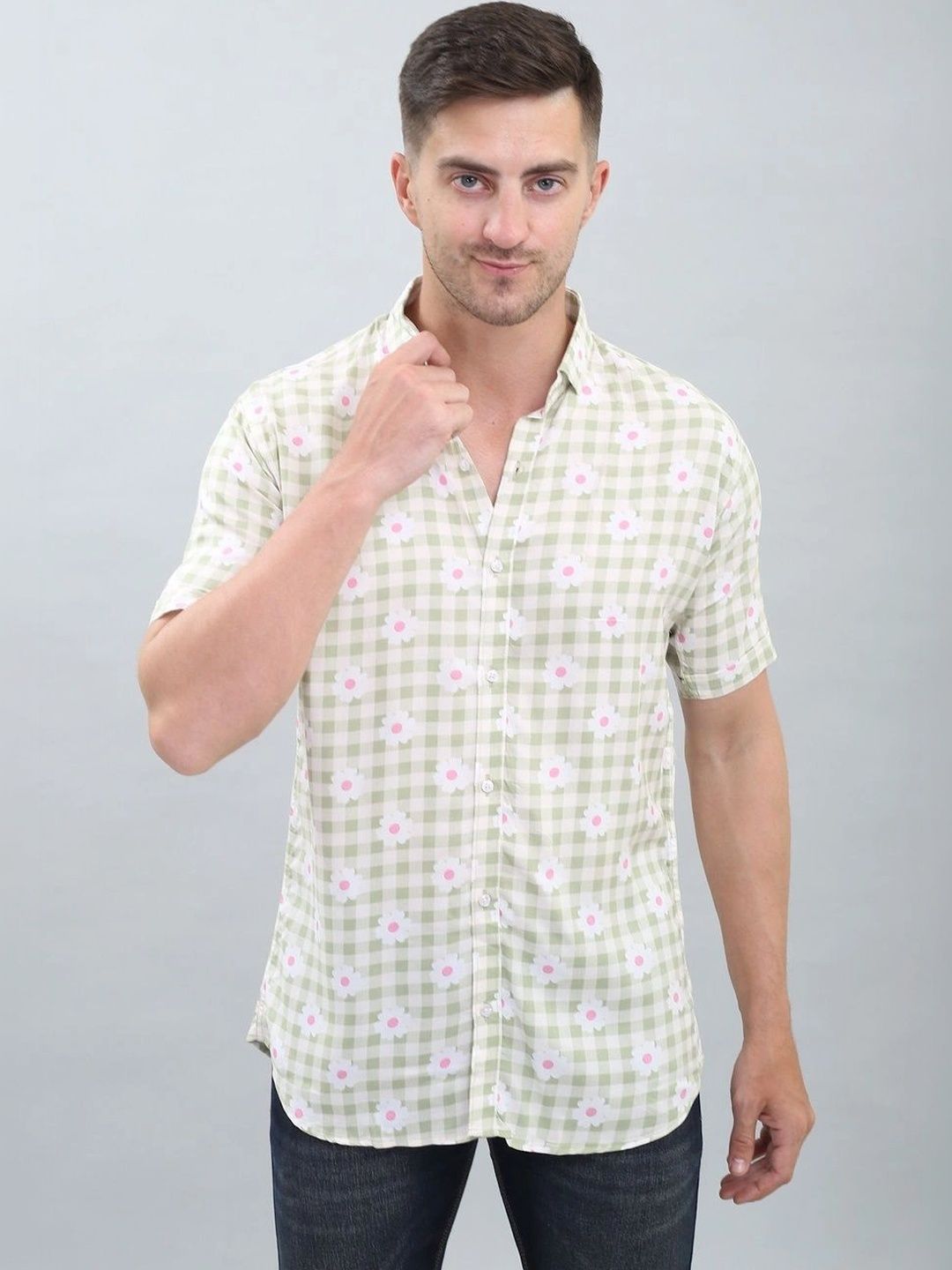 WHITE APPLE JNS Men Gingham Checks Printed Casual Shirt-image-34