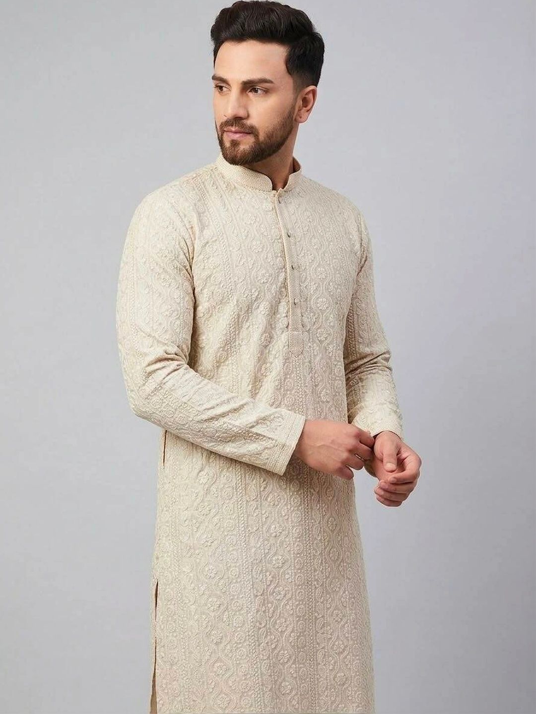 CF COMFORTFIRST Men Ethnic Motifs Embroidered Regular Chikankari Kurta with Pyjamas-picture-15