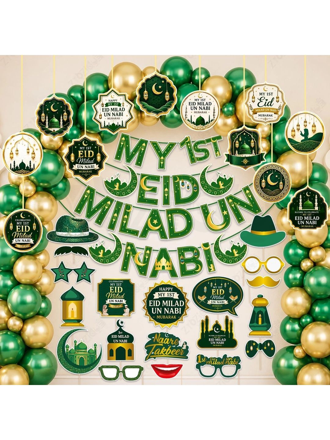 ZYOZI 84-Pcs Green Glossy Reusable Festive Decor - Milad Un Nabi Decorations Kit-picture-34