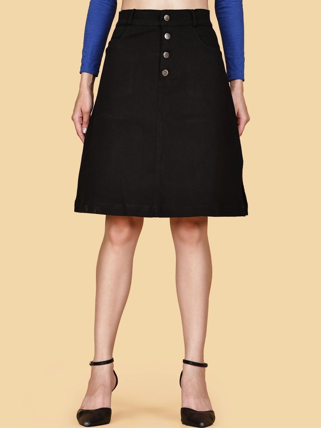 Chemistry Women Denim Side Slit Knee Length A-Line Skirt-image-12