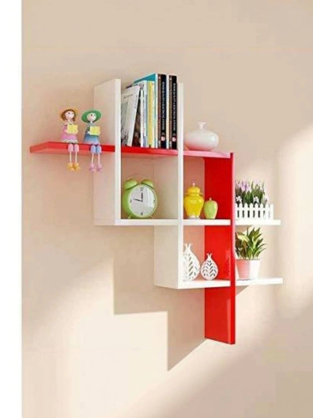 TFS TRADERS Red & White MDF Wall Shelf with Keyholders-picture-14