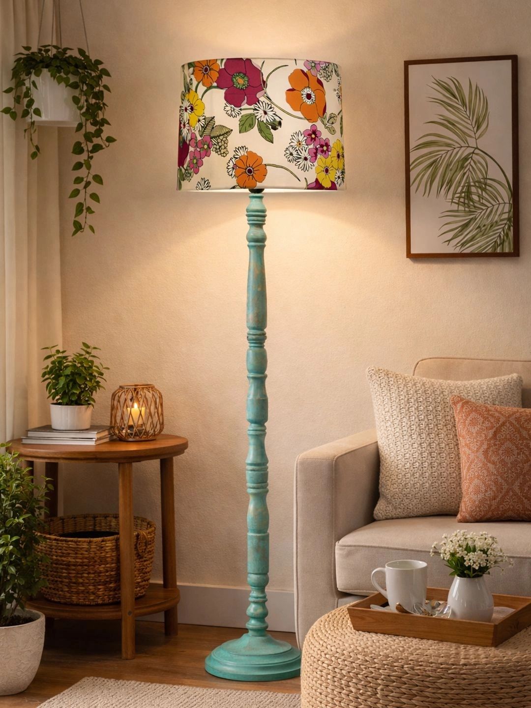Decorcity Beige & Turquoise Blue Floral Printed Wooden Floor Lamps-picture-51