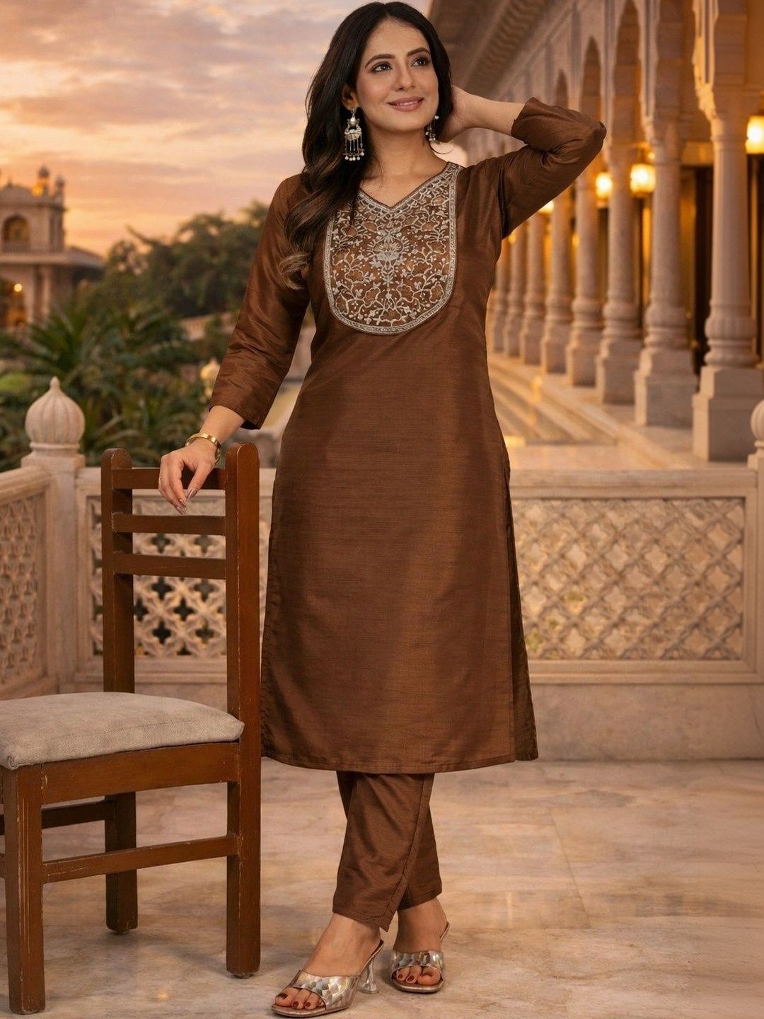 Sangria Floral Embroidered Tunic with Trousers-picture-52