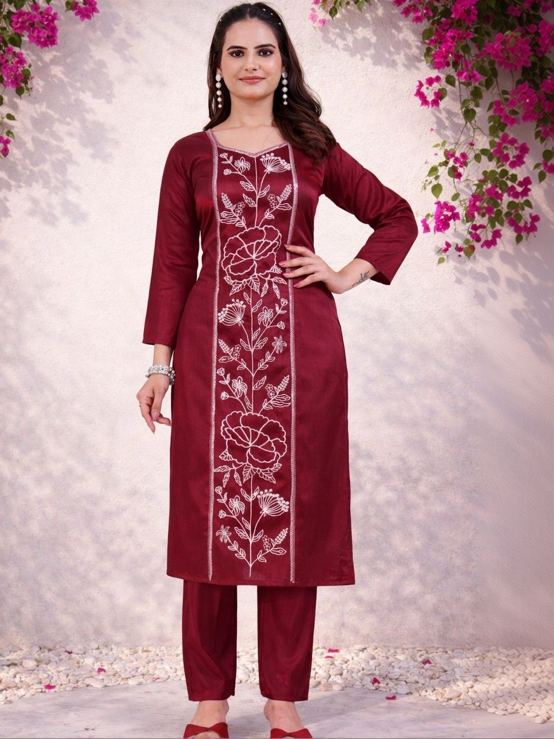 Sangria Floral Embroidered Tunic with Trousers-picture-30