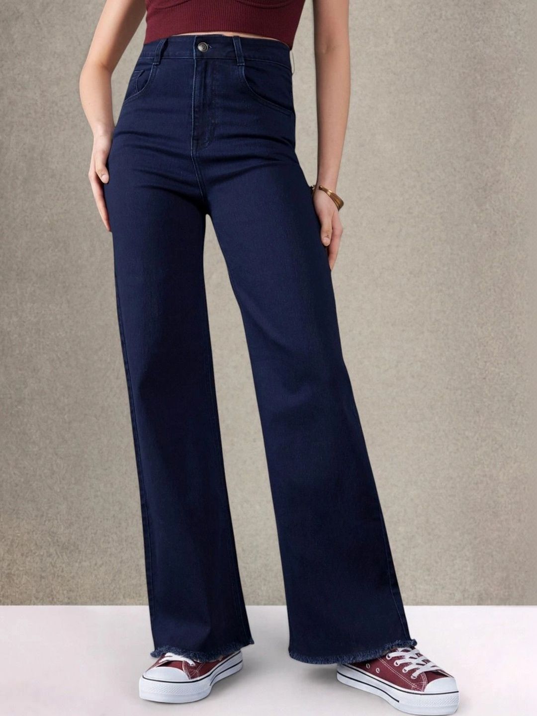 DOLCE CRUDO Women Wide Leg High-Rise Low Distress Cuffed Hem Stretchable Jeans-picture-32