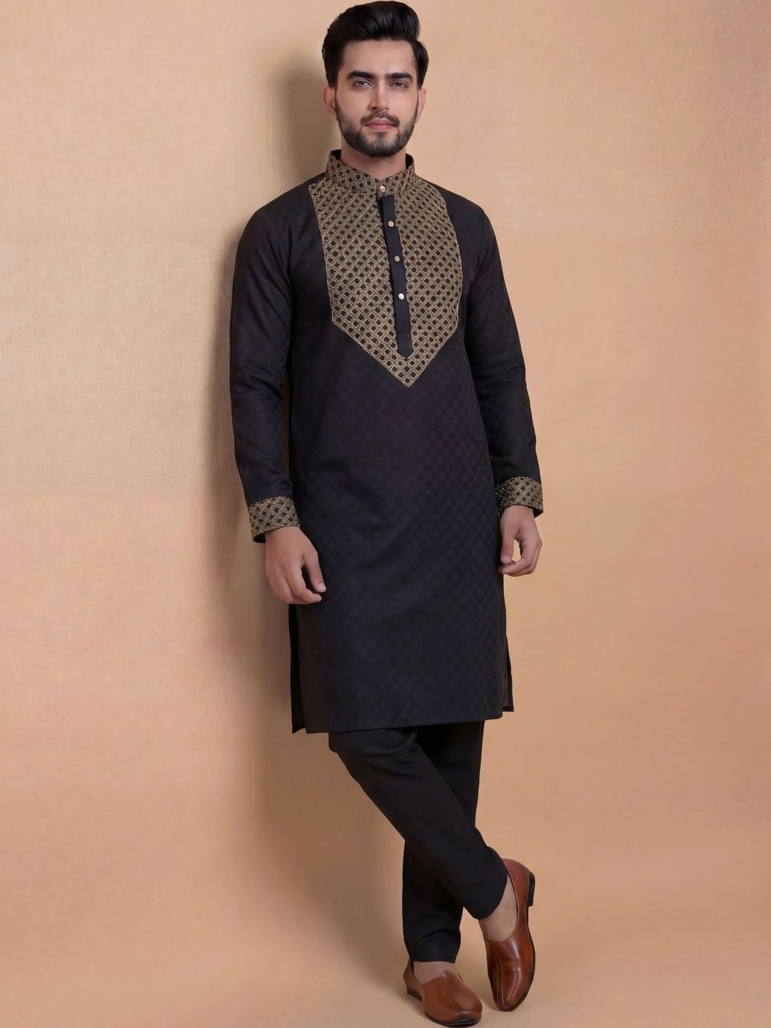 Tibra Collection Men Embroidered Panelled Thread Work Kurta with Pyjamas-image-48