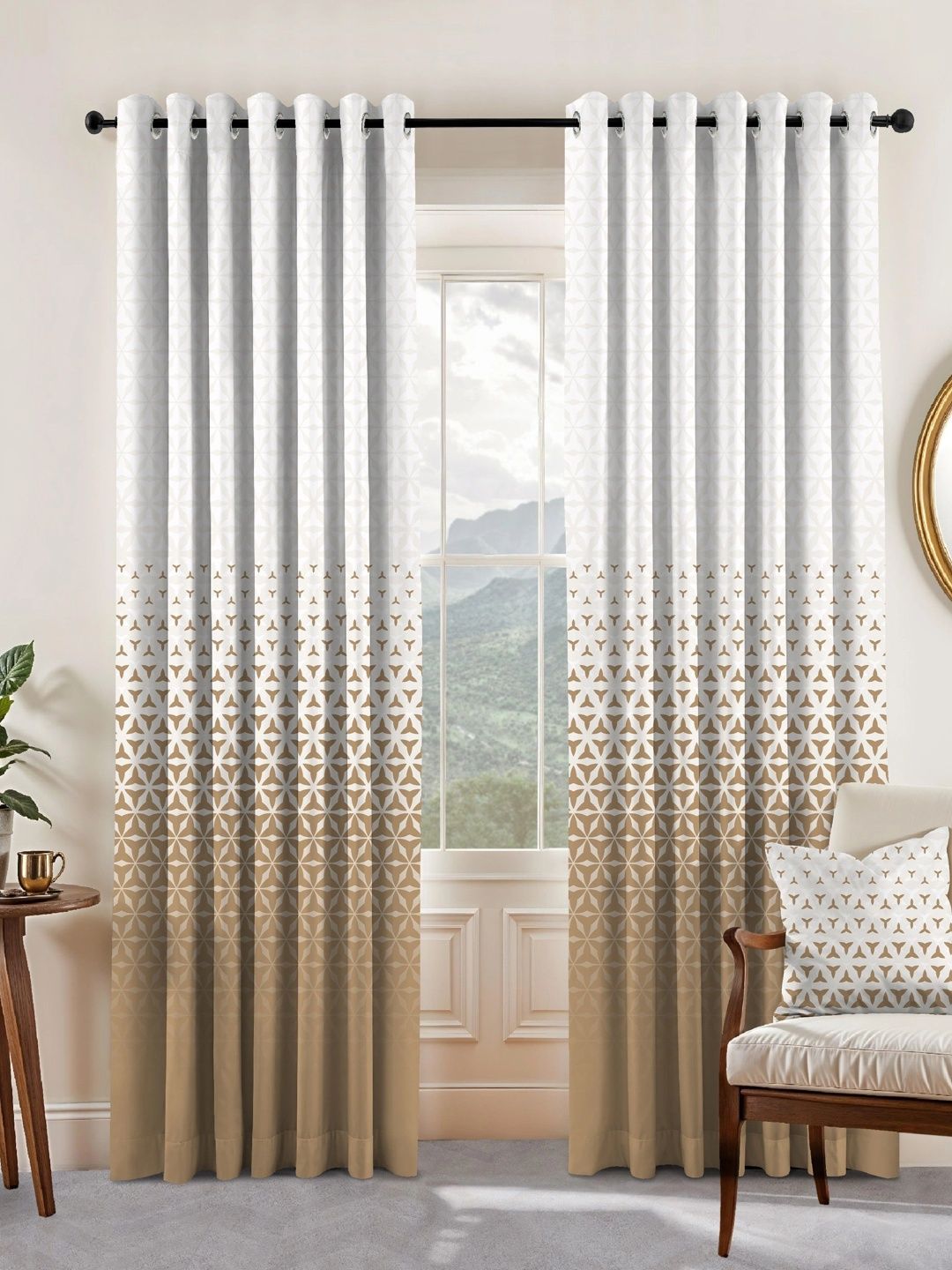 Nefertiti Home Beige Set of 2 Geometric Room Darkening Long Door Curtain-picture-36