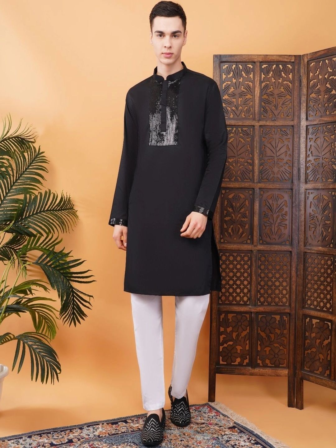 ADHIRAJAN Men Regular Sequinned Kurta with Pyjamas-image-4