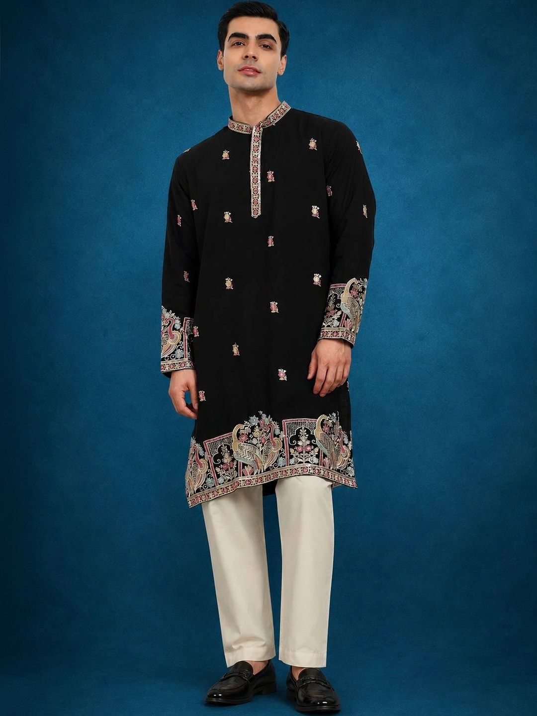 HERE&NOW Men Ethnic Motifs Embroidered Regular Thread Work Kurta with Trousers-picture-25