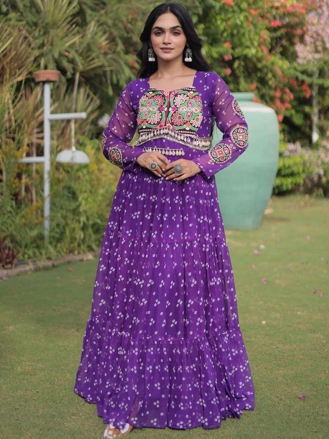 Livewear Bandhani Printed Patchwork Festive Ethnic Gown-image-7