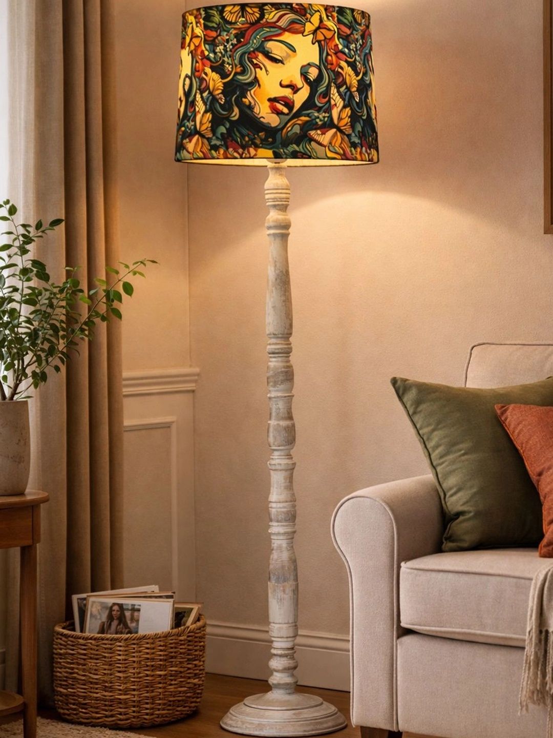 Decorcity Beige & Off white Floral Printed Wooden Floor Lamps-picture-41