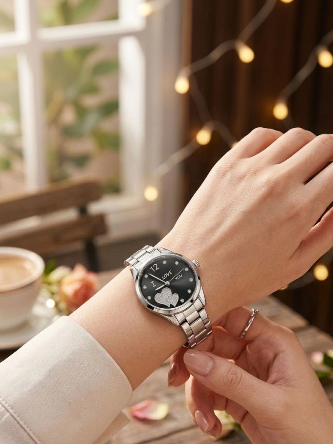 Vondex Women Embellished Dial & Bracelet Style Straps Analogue Watch AUG26_F_BLK_DIAL_HEART_SIL_CHAIN-image-16