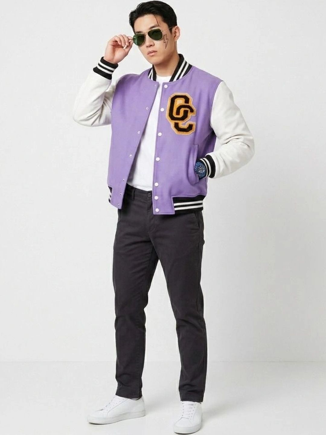 oiin Men Brand Logo Colourblocked Fleece Blend Varsity Jacket-picture-42