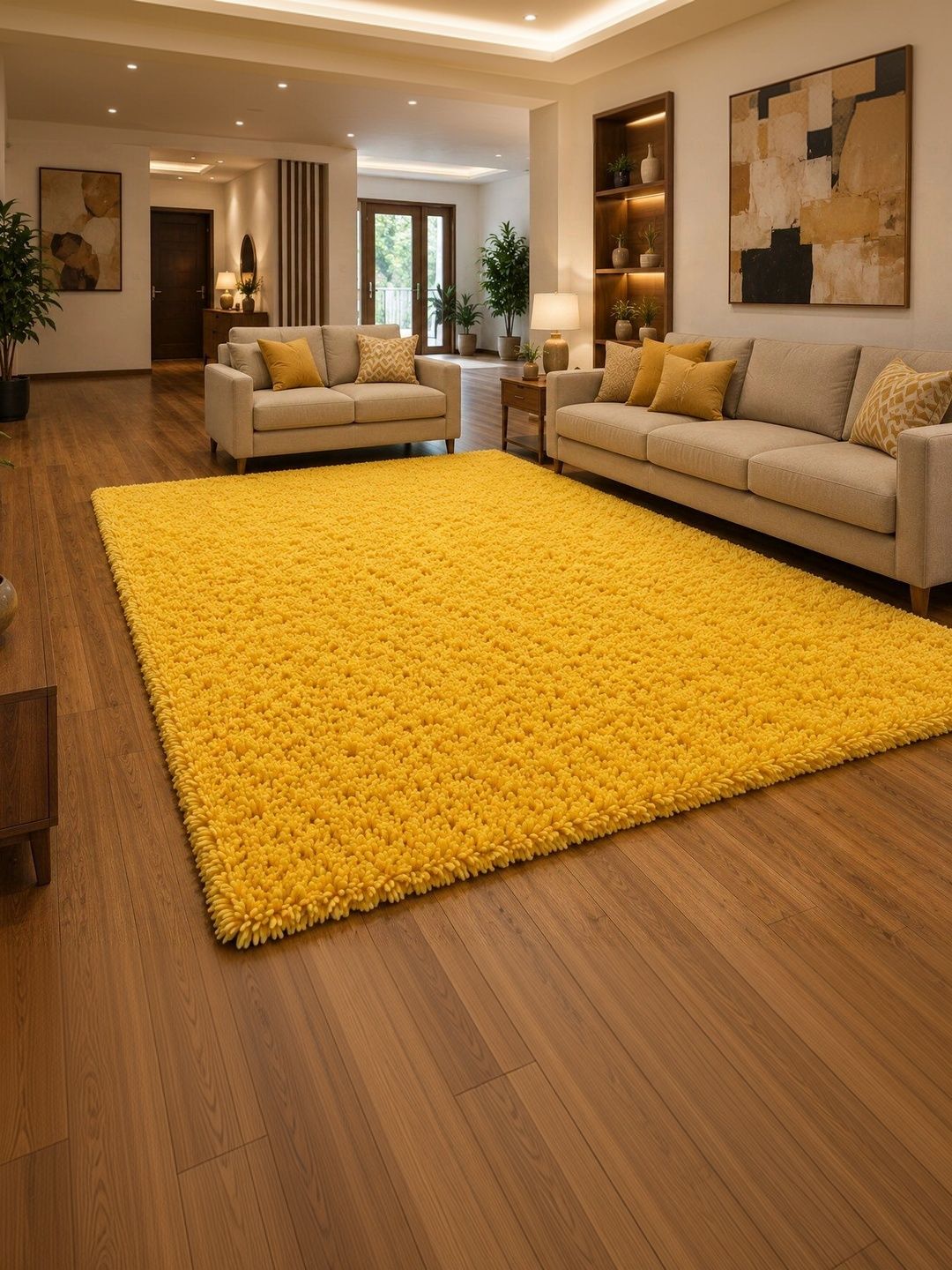KAYNAT CARPET Yellow Solid Shaggy Woollen Carpet-image-43