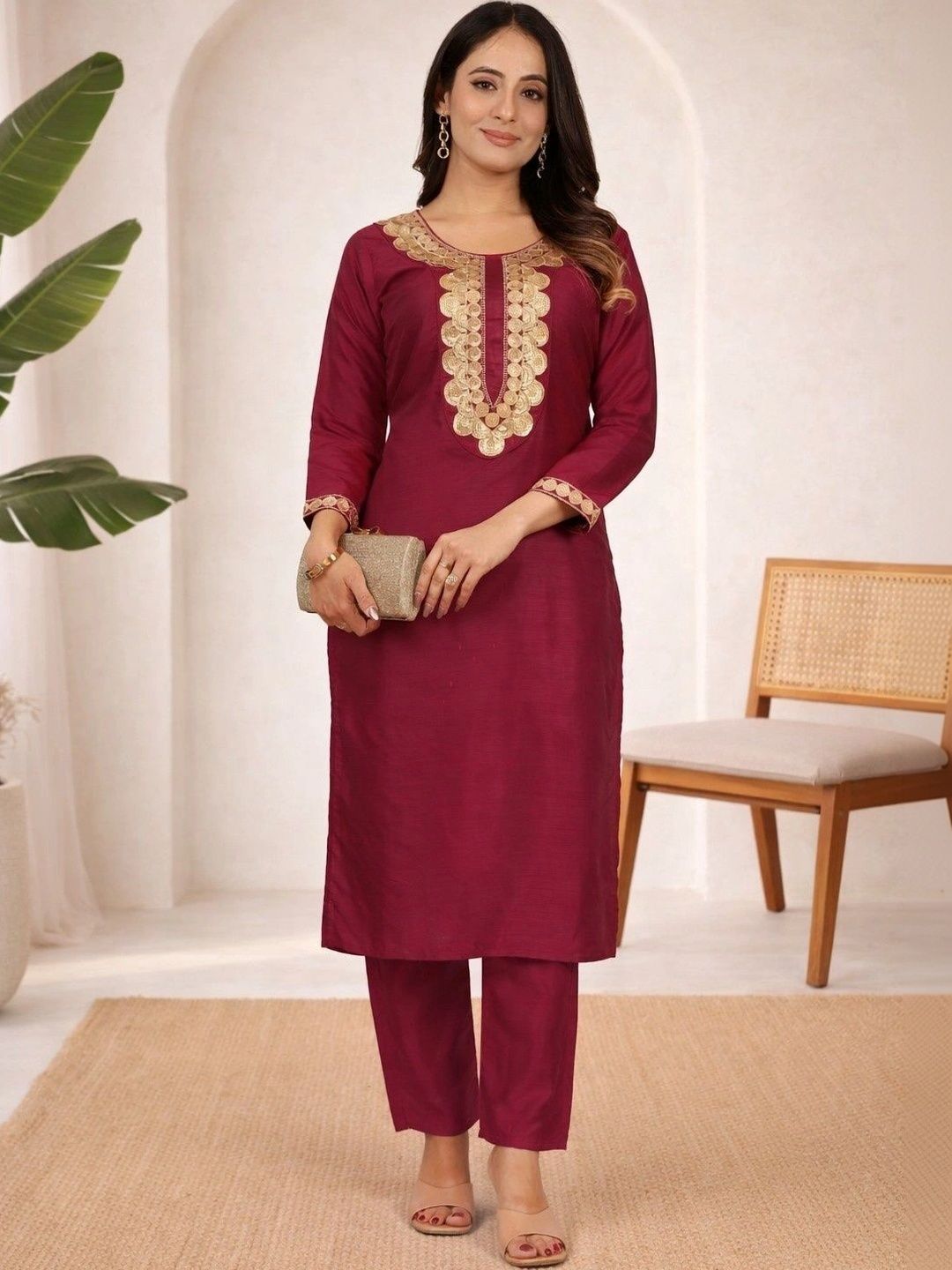 Sangria Floral Embroidered Tunic with Trousers-picture-32