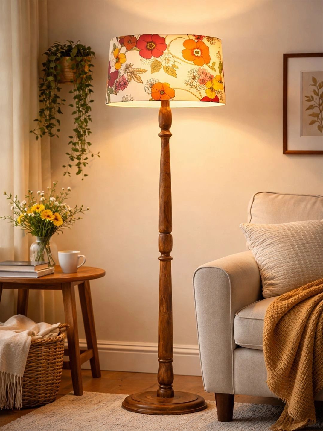 Decorcity Beige & Brown Floral Printed Wooden Floor Lamps-image-37