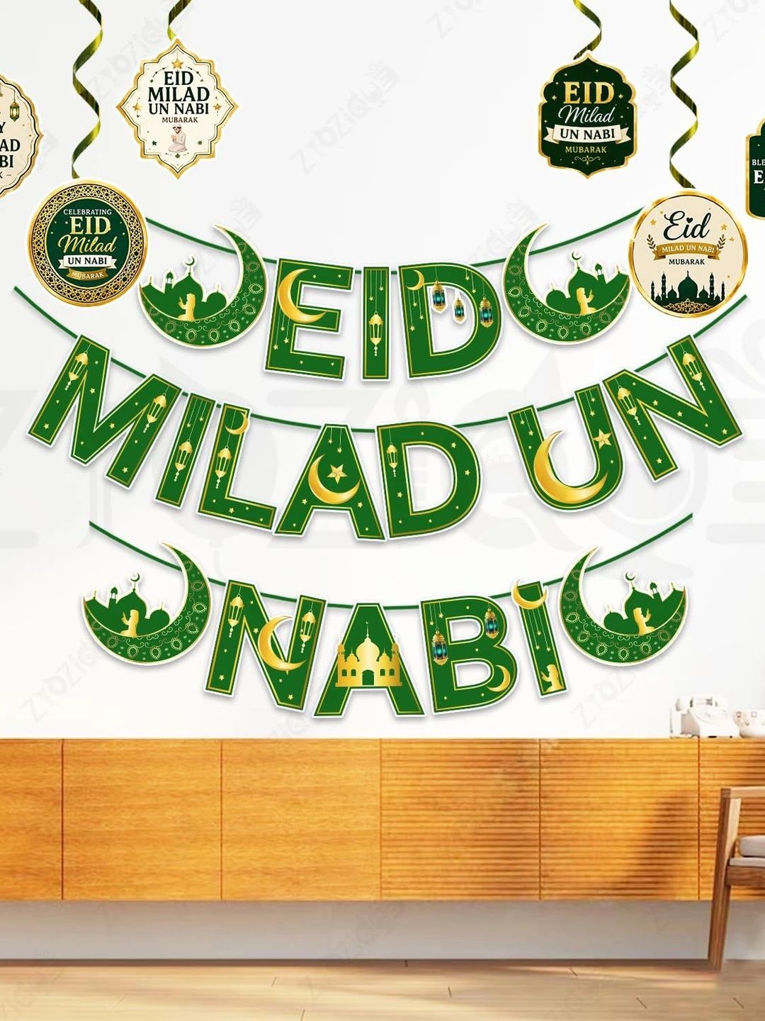 ZYOZI 7-Pcs Green Glossy Reusable Festive Decor - Milad Un Nabi Decorations Kit-picture-46